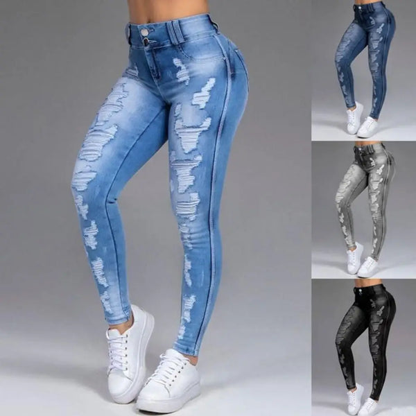 Ripped Denim Pants Stretchy Plus Size Women Jeans for Daily Wear